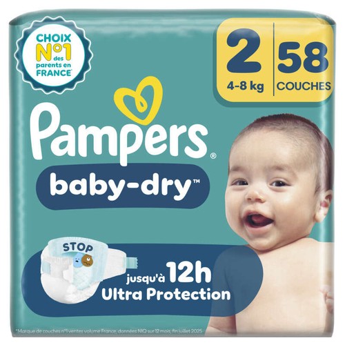 Pampers Baby-Dry Taille 2, 4kg-8kg, 58 Couches