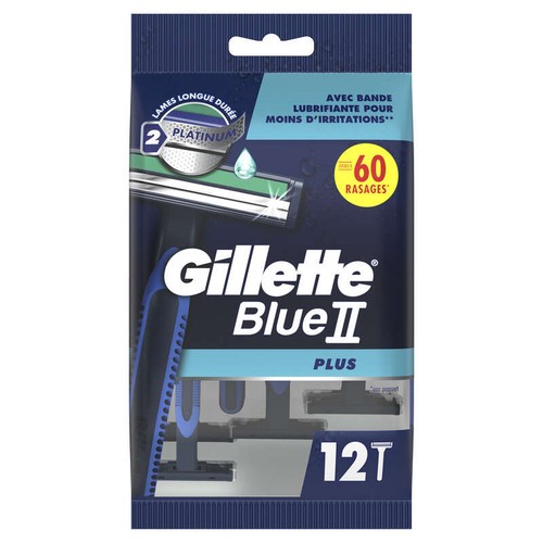 Gillette Blue II Plus Rasoirs Jetables 2 Lames Ultra-Affûtées + Bande Lubrifiante x12