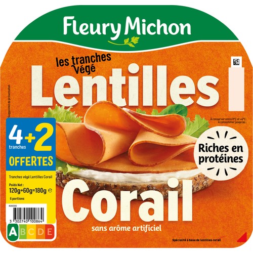 Fleury Michon Les tranches Végé Lentilles Corail x4 +2 offertes 180g