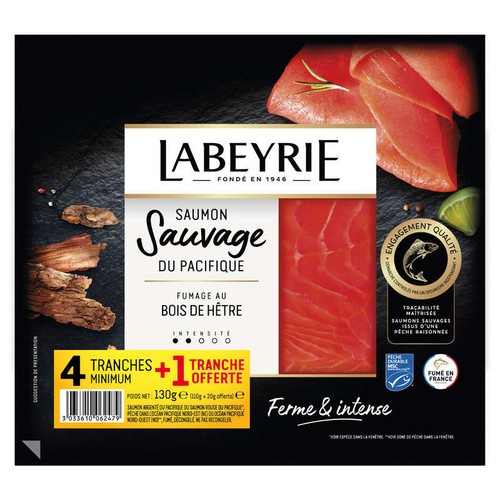 Labeyrie Saumon Sauvage Du Pacifique Fumé Au Bois De Hêtre X4 Tranches + 1 Offerte 140G