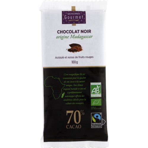 Monoprix Gourmet Chocolat Noir Origine Madagascar, Acidulé & Fruits Rouges, 70% Bio 100g