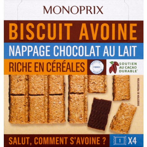 Monoprix Biscuits Avoine Nappage Chocolat Au Lait x4 136g