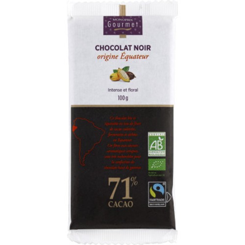 Monoprix Gourmet Chocolat Noir Origine Equateur, Intense & Floral, 71% De Cacao Bio 100g