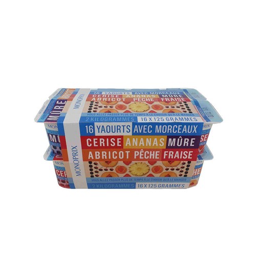 Monoprix Yaourt aux fruits avec morceaux, aromatisés abricot, ananas, pêche, fraise, cerise, mûre 16x125g