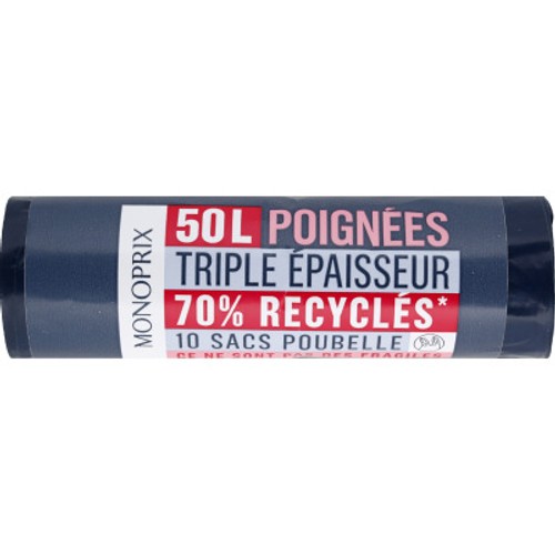 Monoprix Sacs Poubelle à poignées 70% recyclés 10x50L