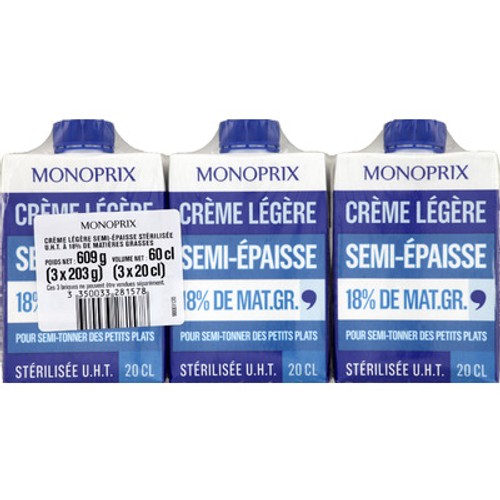 Monoprix Crème Légère Semi-Épaisse 18% Mg 3x20cl