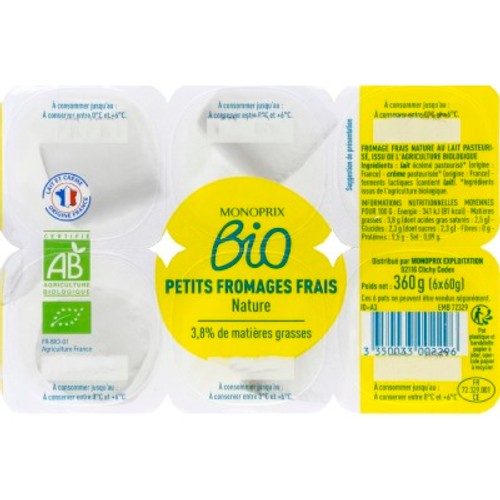 Monoprix Bio Petits fromages frais 3,8% 6x60g