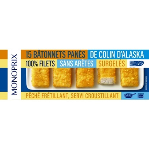 Monoprix 15 Bâtonnets panés de colin d'Alaska MSC 450g