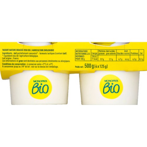 Monoprix Bio Yaourt Brassé Nature 4x125g