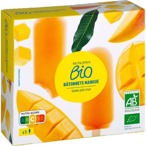 Monoprix Bio 5 Bâtonnets Mangue Sorbet Plein Fruit 300g