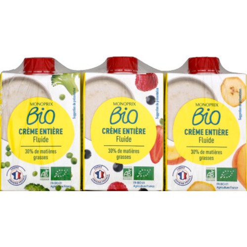 Monoprix Bio Crème entière UHT, 30% de Mg 3x20cl