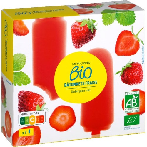 Monoprix Bio 5 Bâtonnets Fraise Sorbet Plein Fruit 300g