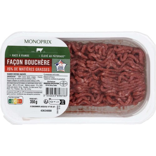 Monoprix Viande hachée De Bœuf Façon Bouchère 15% de Mg 350g