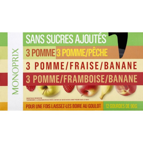 Monoprix Gourdes Compote sans sucres ajoutés, 4 variétés 12x90g