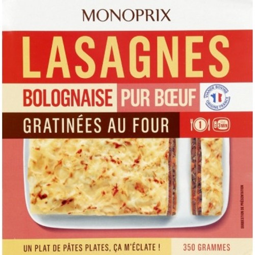 Monoprix Lasagnes Bolognaise Pur Bœuf Gratiné au Four 350g