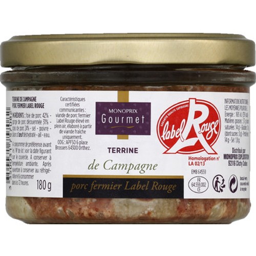 Monoprix Gourmet Terrine De Campagne, Porc Fermier Label Rouge 180g
