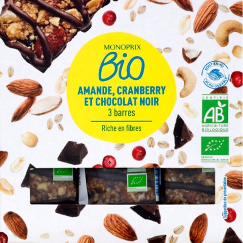 Monoprix Bio Amande, cranberry et chocolat noir 3x25g