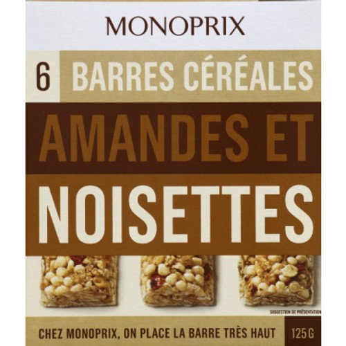 Monoprix Barres céréales amandes et noisettes 125g