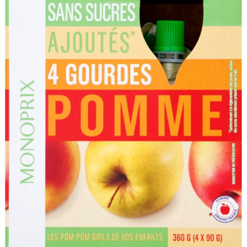Monoprix Compote de Pomme en gourde sans sucres ajoutés 4x90g