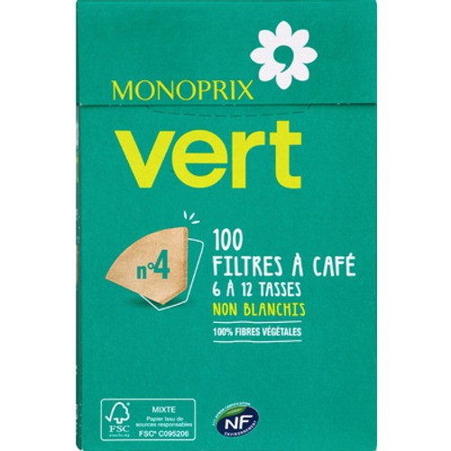 Monoprix Vert Filtres À Café N°4 100% Fibres Végétales x100