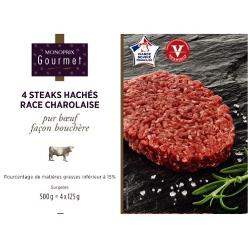 Monoprix Gourmet Steak haché race Charolaise 4x125g