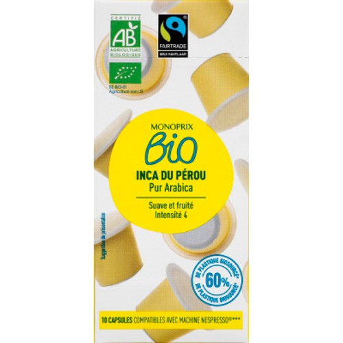 Monoprix Bio Café Pur Arabica Inca Du Pérou 10 Capsules 52g