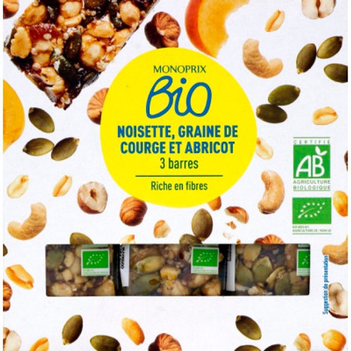 Monoprix Bio Noisette, graine de courge et abricot 3x25g