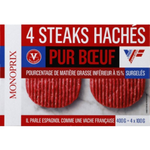 Monoprix Steak haché pur Bœuf 15% de Mg Surgelés 4x100g