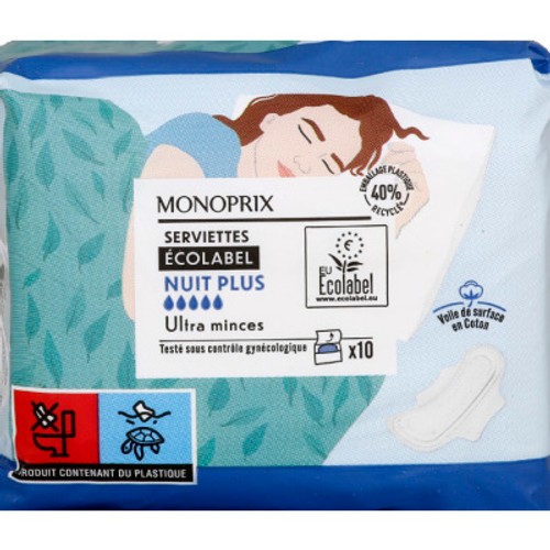 Monoprix Serviettes Écologiques Nuit Plus Ultra Minces X10