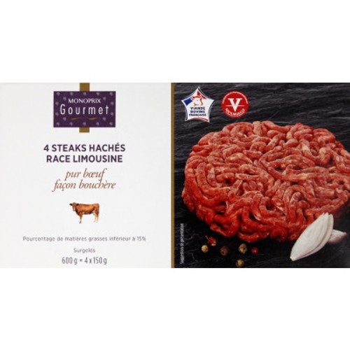 Monoprix Gourmet Steak haché race Limousine 4x150g
