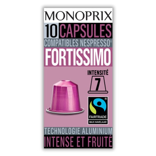 Monoprix Capsules de café Fortissimo, intense & fruité 10 capsules 50g