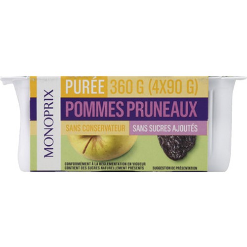 Monoprix Purée de Pomme et Pruneaux Sans Sucres Ajoutés Le pack 4x90g