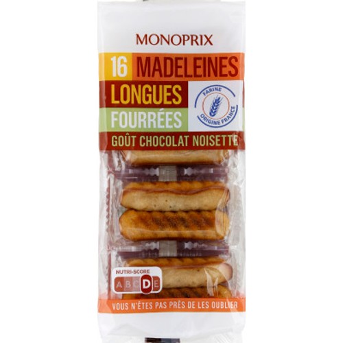 Monoprix Madeleines longues fourrées goût chocolat noisette x16