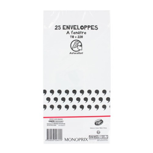 Monoprix Maison 25 Enveloppes À Fenêtre, 11X22Cm, Bord Autocollant