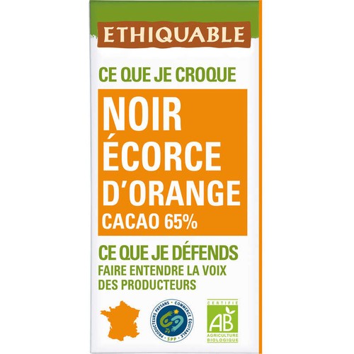 Ethiquable Chocolat Noir Orange Confite 65% Bio 100g