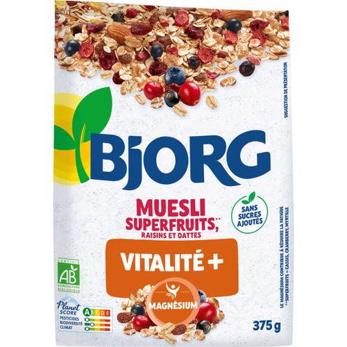 Bjorg Muesli superfruits raisin, cassis, cranberry, myrtille, Bio 375g