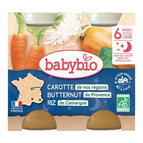 Babybio Petits pots carottes potimarron & riz, dès 6mois, bio 2x200g