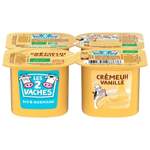 Les 2 Vaches Crème dessert vanille Bio 4x95g