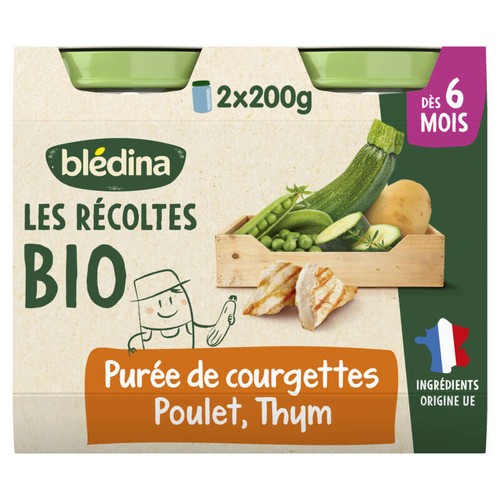 Blédina Purée de Courgettes, Poulet Fermier, Thym, dès 6 Mois, Bio 2x200g