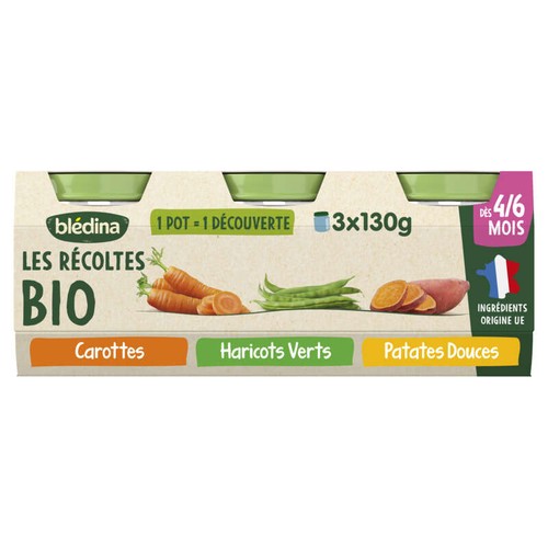 Blédina Les Récoltes Bio Petits Pots Carottes Haricots Vert - Dès 4/6 Mois - 3x130g