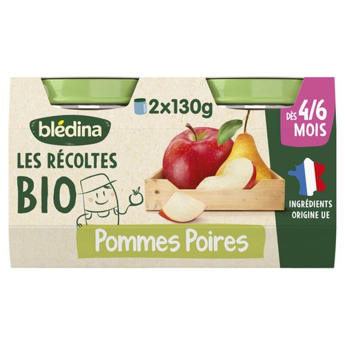 Blédina Petits Pots Bio Pommes Poires Dès 4/6 Mois 2x130g