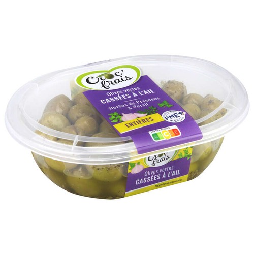 Croc'Frais Olives Vertes Entières Cassées à l'ail 250g