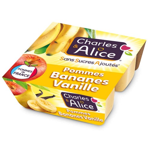 Charles & Alice Desserts fruités pommes bananes et vanille sans sucres ajoutés 4x97g