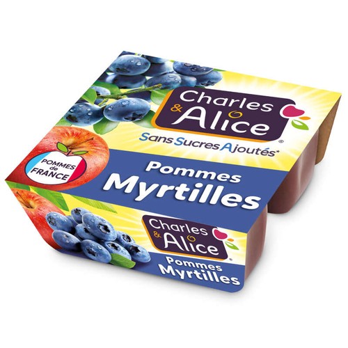 Charles & Alice desserts fruités pommes myrtilles sans sucres ajoutés 4x97g