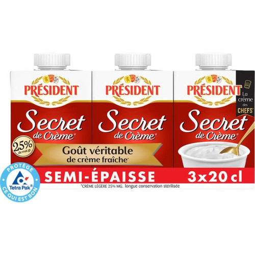 Président Crème UHT Secret De Crème Semi-épaisse 25% Mg Briques 3x20cl
