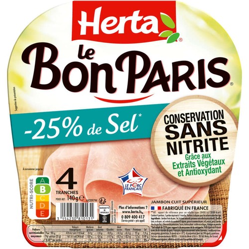 Herta Le Bon Paris Jambon avec moins de 25% de sel et sans nitrite x4 140g
