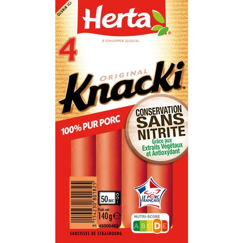 Herta Knacki Saucisses 100% pur porc conservation sans nitrite x4