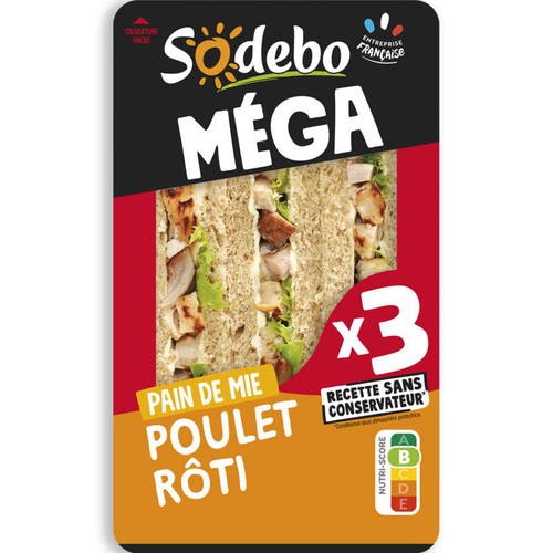 Sodebo Sandwich Méga club poulet rôti mayo légère 230g