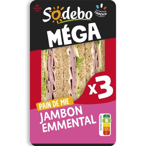 Sodebo Sandwich Méga club jambon emmental 230g