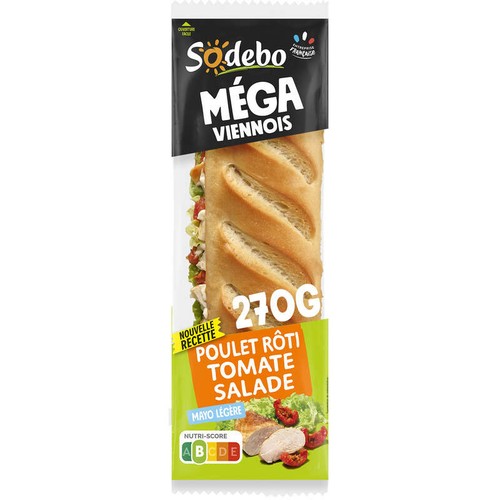 Sodebo Sandwich Pain Viennois Poulet Rôti Tomate Salade 270g